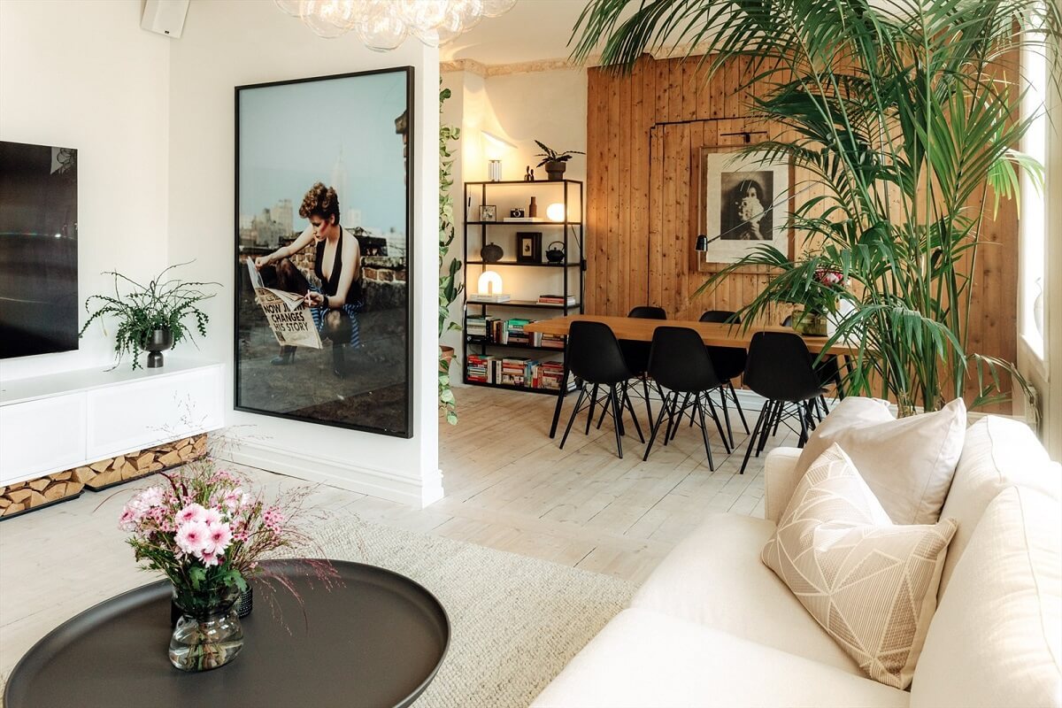 A Charming Norwegian Apartment with Wooden Walls 4 open-plan-living-room-large-art-nordroom