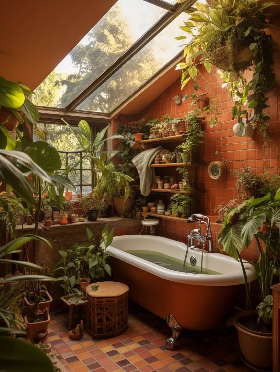 Interior Design Trends for 2024: Comfort, Nature, and Warmth 46 terracotta-bathroom-freestanding-bath-plants-skylight-nordroom