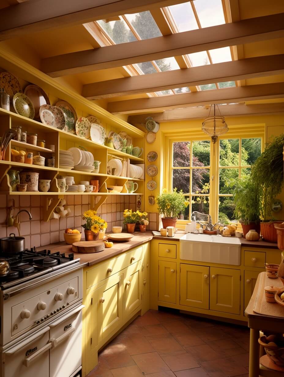 Interior Design Trends for 2024: Comfort, Nature, and Warmth 30 yellow-cottage-kitchen-butler-sink-terracotta-floor-skylight-interior-trends-nordroom