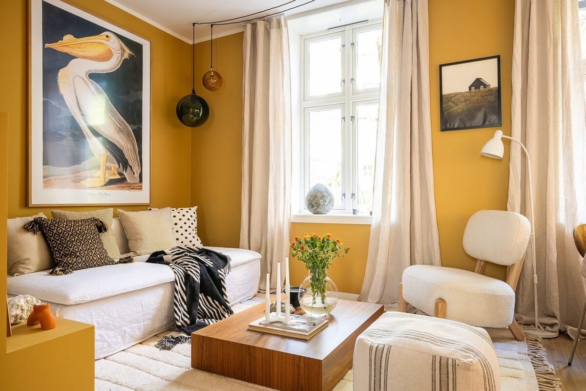 An Oslo Apartment with a Yellow Living Room 3 yellow-living-room-walls-white-furniture-nordroom