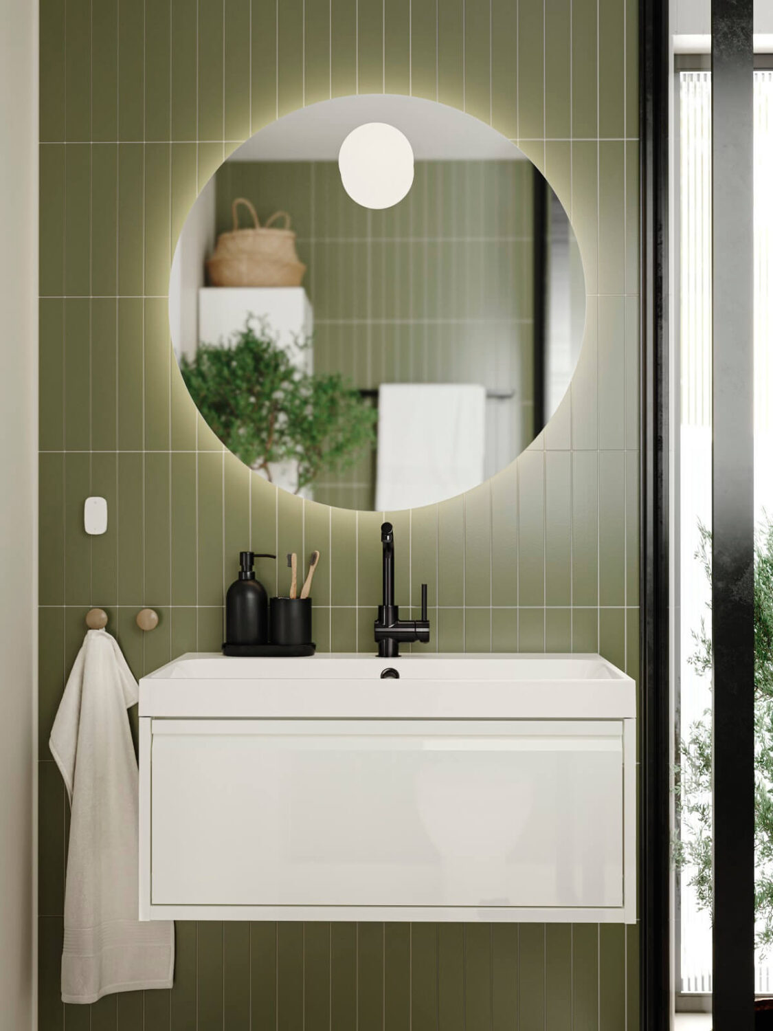 New IKEA Bathroom Collections For A Fresh Start in 2024 19 IKEA-ÄNGSJÖN-white-vanity-round-mirror-green-tiles-nordroom