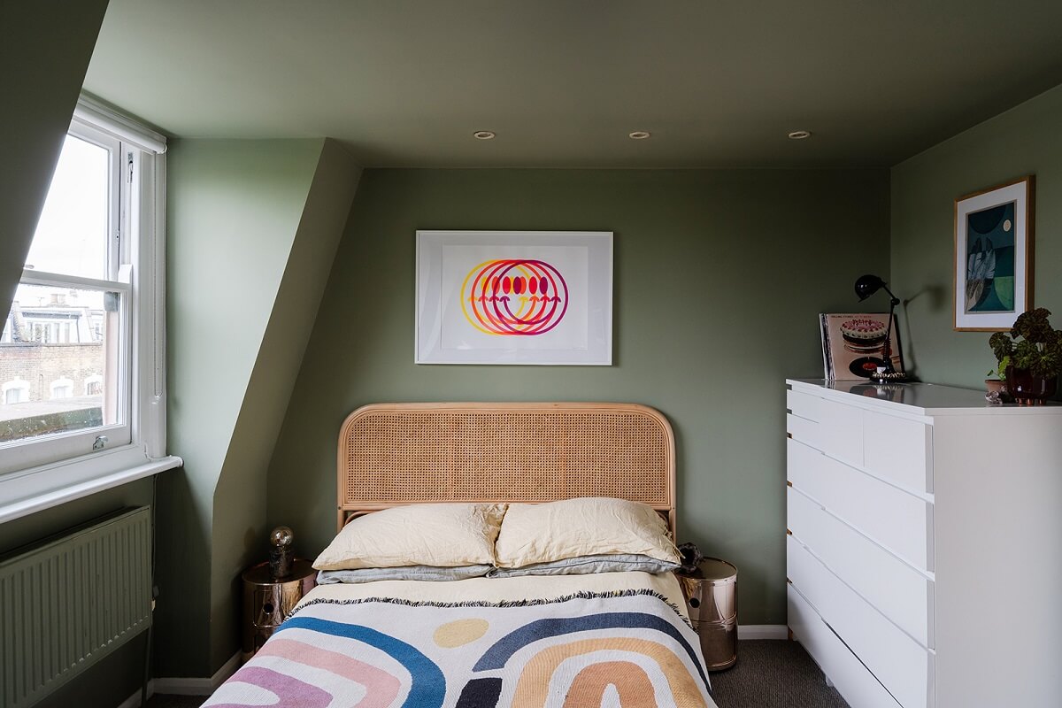 A Green and Pink London Townhouse with A Modern Extension 21 attic-room-bedroom-green-walls-nordroom