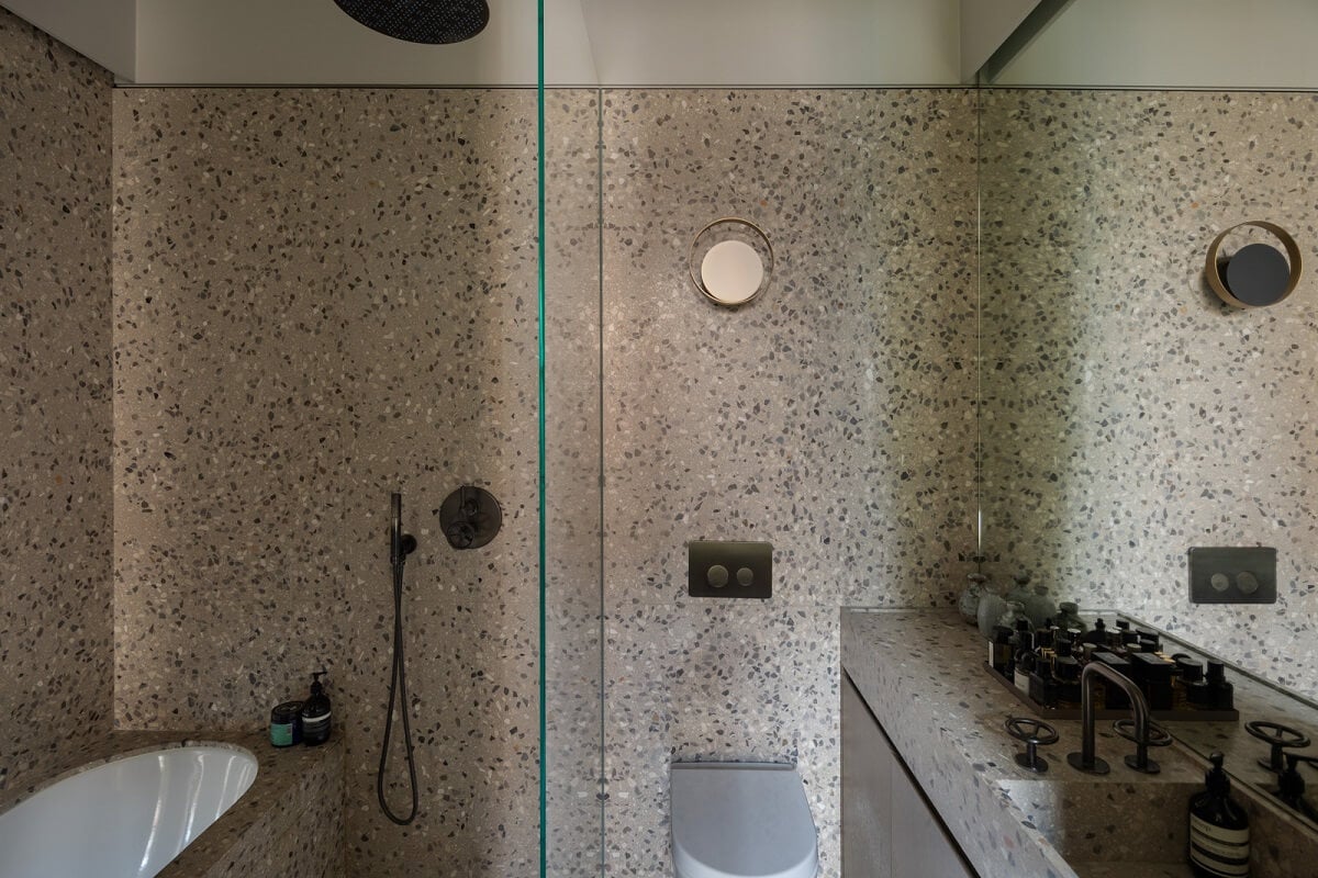 A Unique London Home with Terrazzo Tiles and a Roof Terrace 20 bathroom terrazzo tiles shower bath