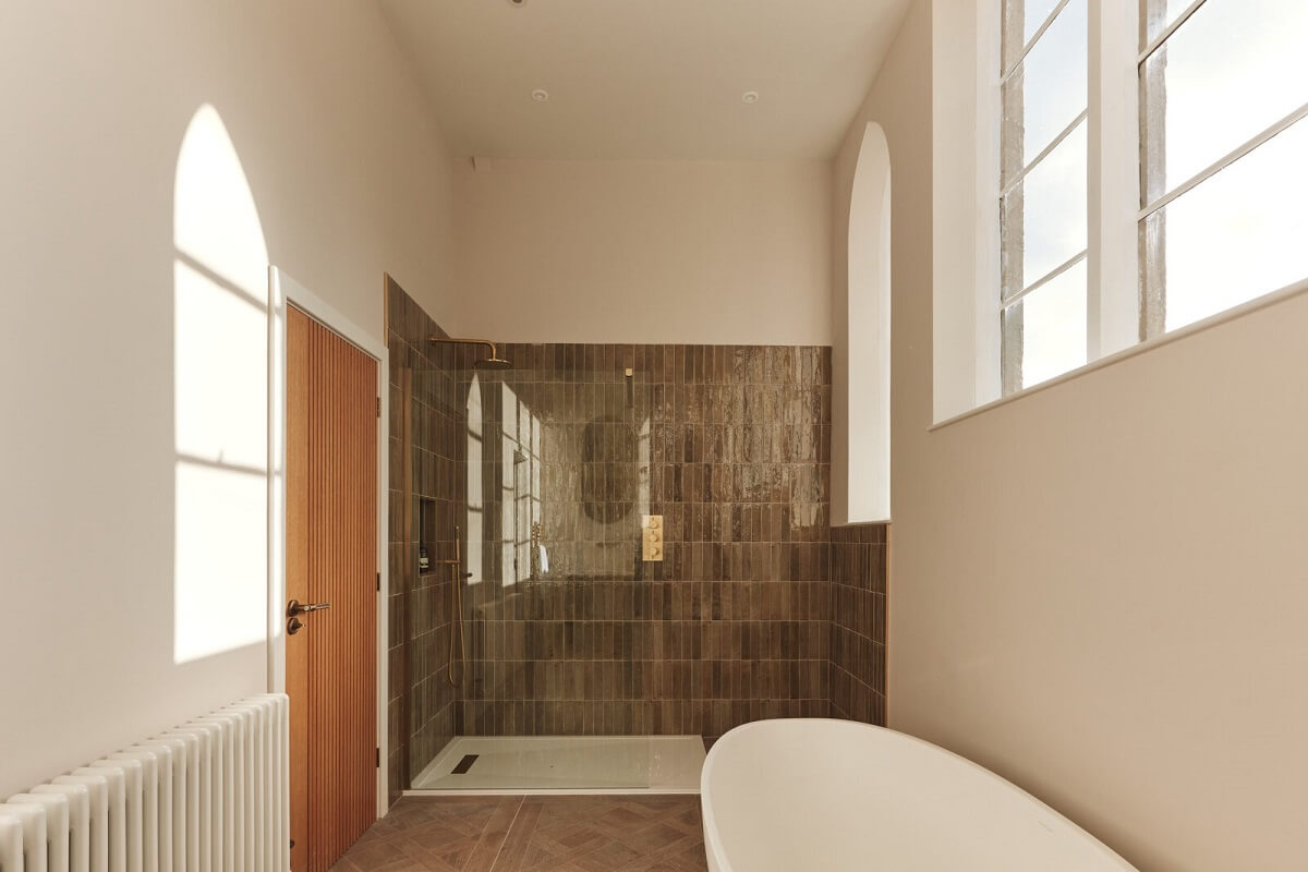 A Converted 19th Century Chapel in Bath 17 bathroom-walk-in-shower-green-tiles