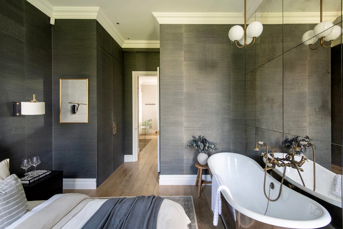Muted Colors and Classic Design in a London Townhouse 17 bedroom-gray-wallpaper-metal-bath-wall-of-mirrors-nordroom
