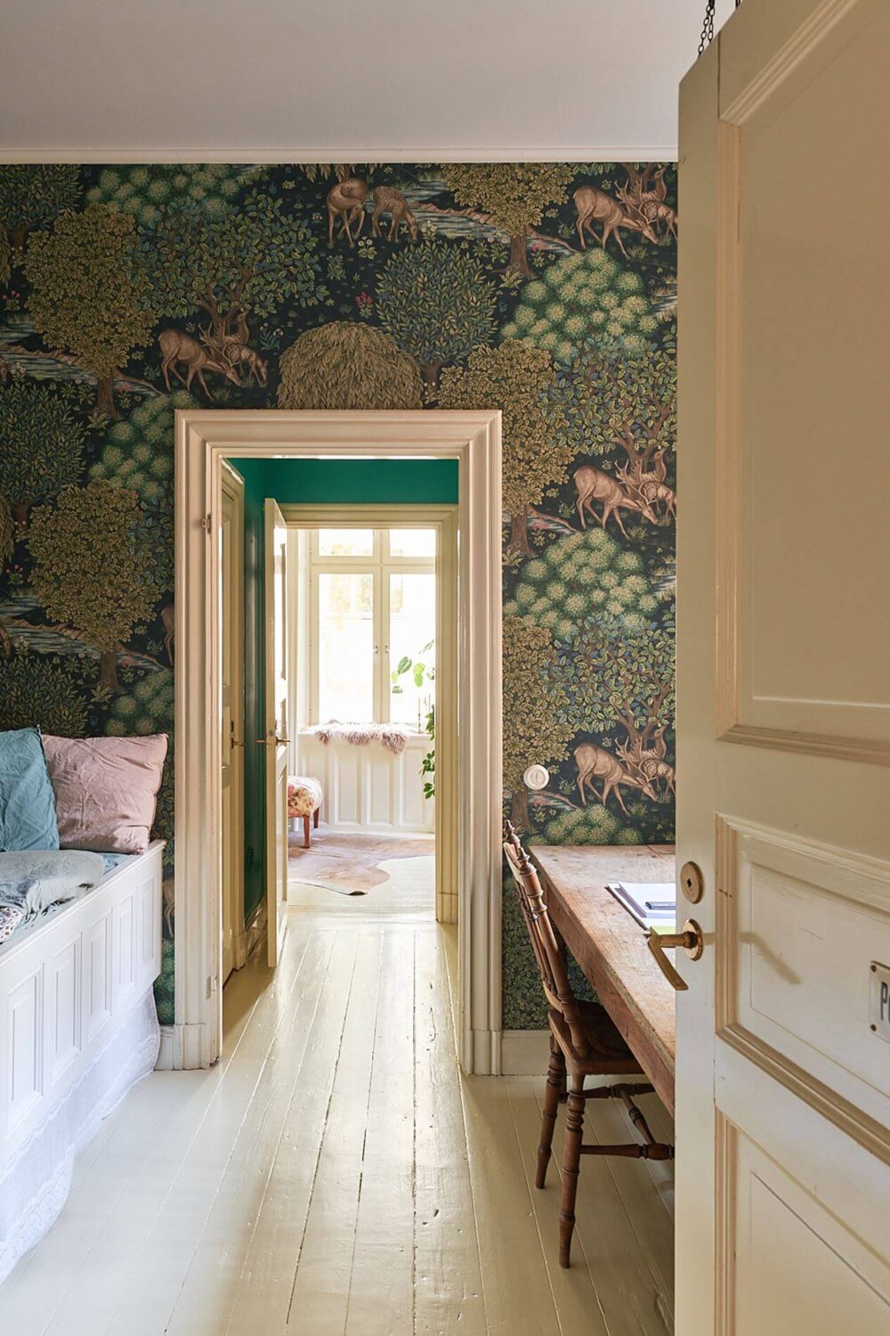 A Romantic Apartment with Original Details 12 bedroom-green-wallpaper-bed-niche-desk-nordroom
