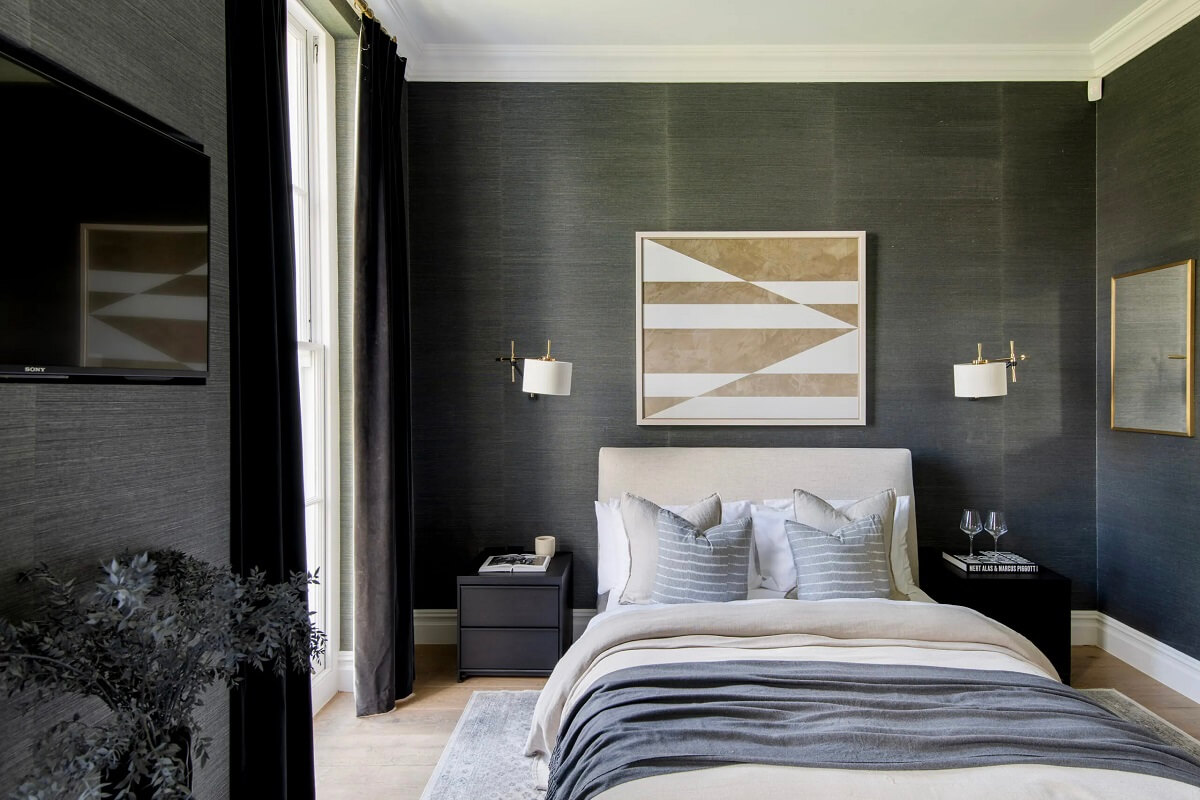 Muted Colors and Classic Design in a London Townhouse 15 bedroom-inky-toned-wallpaper-nordroom