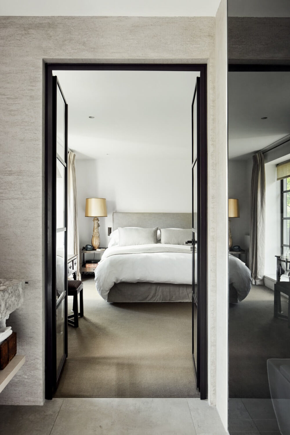 Stylish Monochrome Interiors in an Early 20th Century House 18 bedroom-view-from-bathroom-nordroom