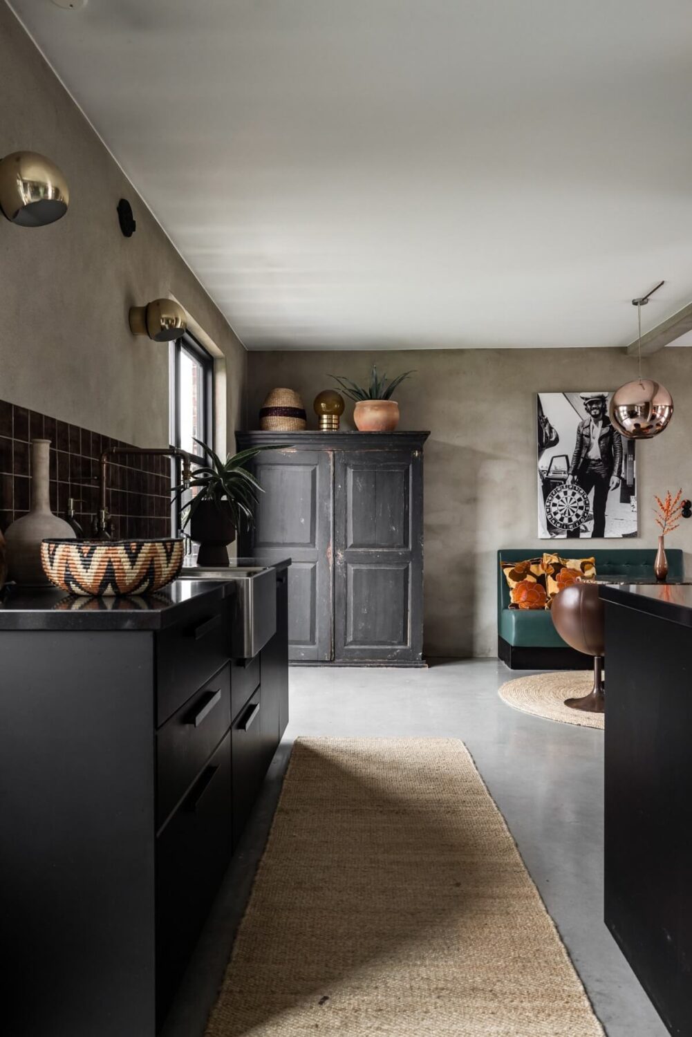 A Unique Bohemian Family Home in a Former Swedish Bakery 20 black-kitchen-cabinets-burgundy-tiles-nordoom