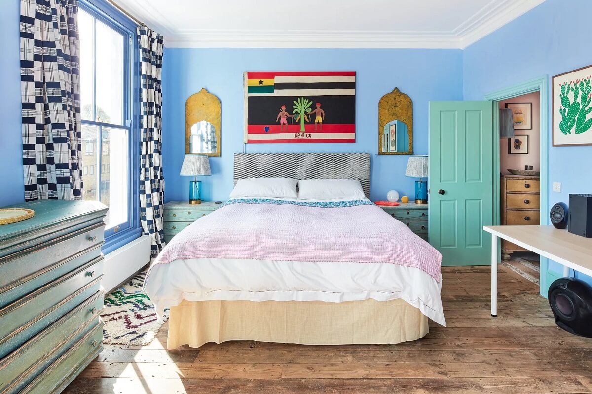A Playful Colorful Eclectic Artist Home in London 18 blue bedroom