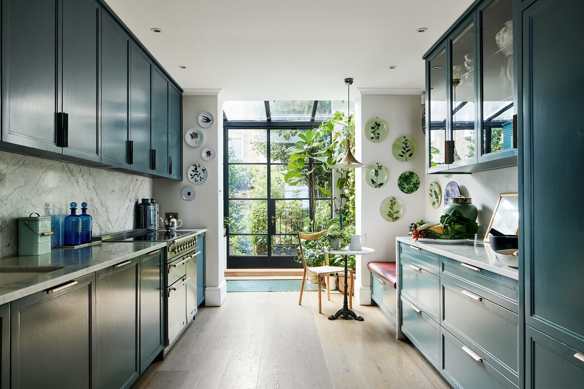 Blue Color Accents in a Restored London Townhouse 8 blue-galley-kitchen-breakfast-nook-nordroom