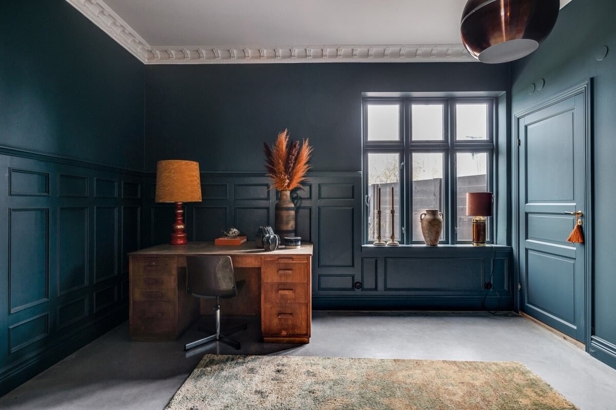 A Unique Bohemian Family Home in a Former Swedish Bakery 5 blue-home-office-vintage-wooden-desk-nordroom