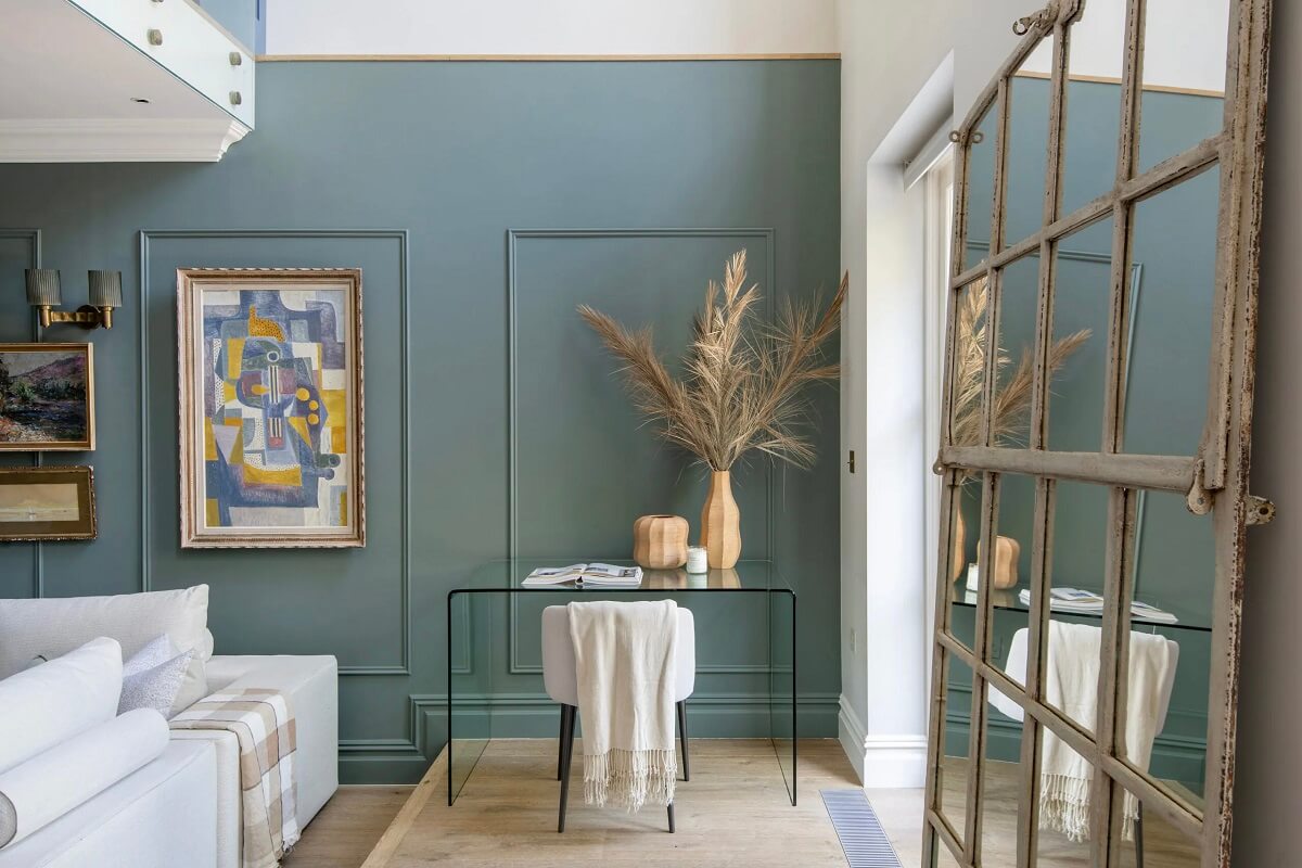 Muted Colors and Classic Design in a London Townhouse 3 clear-desk-living-room-muted-blue-walls-nordroom