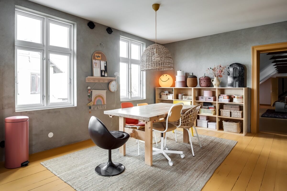 A Unique Bohemian Family Home in a Former Swedish Bakery 35 craft-room-yellow-floor-nordroom