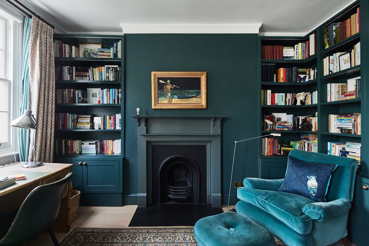 Blue Color Accents in a Restored London Townhouse 17 dark-blue-home-office-library-room-nordroom