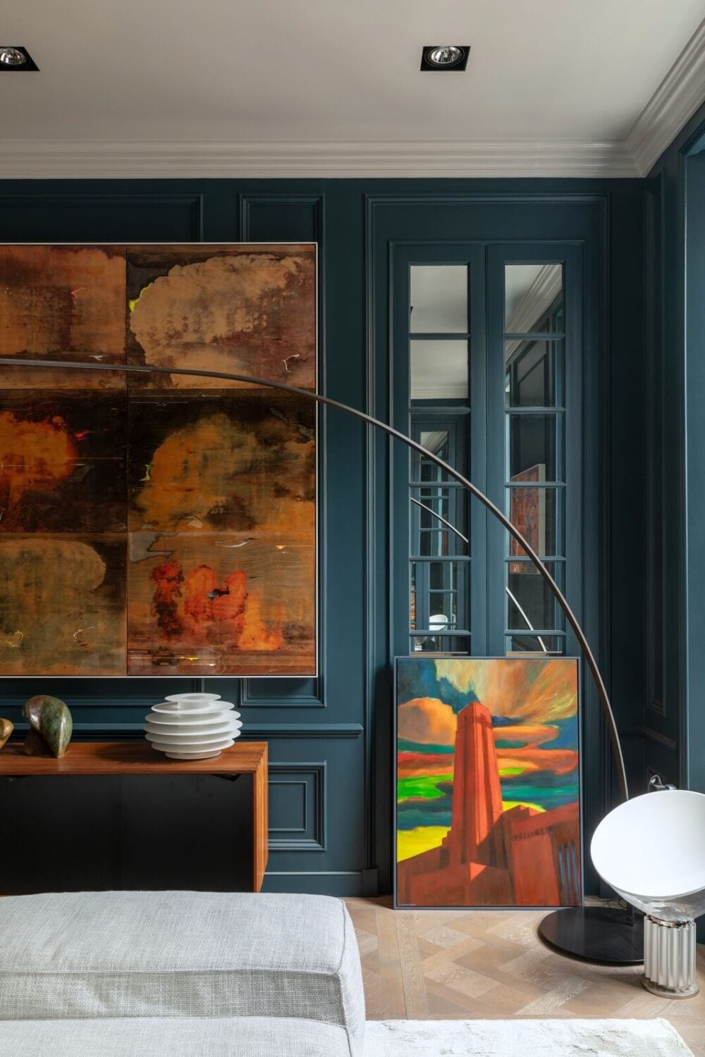 A Unique London Home with Terrazzo Tiles and a Roof Terrace 4 dark blue living room artwork nordroom