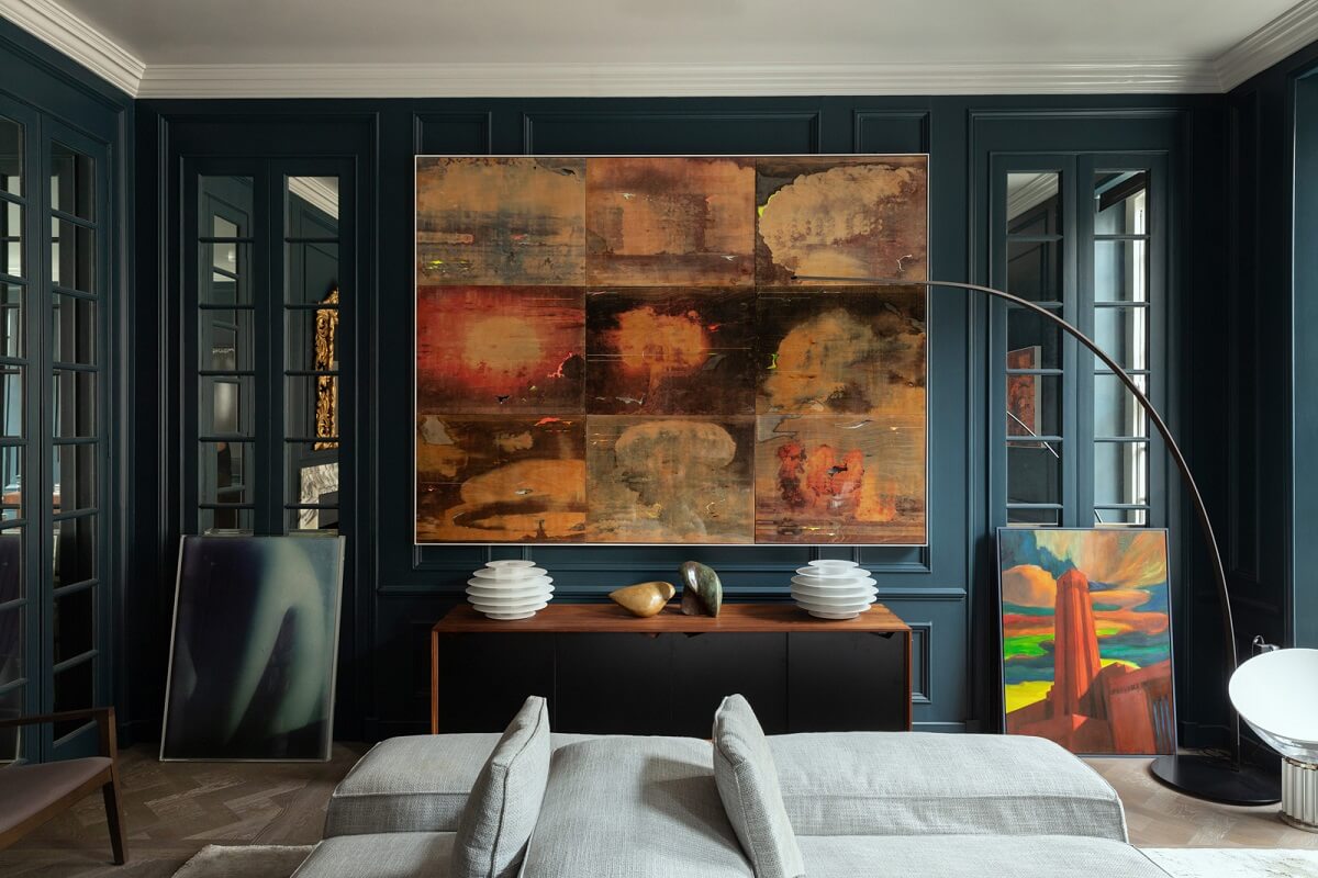 A Unique London Home with Terrazzo Tiles and a Roof Terrace 3 dark blue living room large art