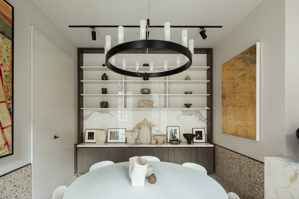 A Unique London Home with Terrazzo Tiles and a Roof Terrace 8 dining room chandelier terrazzo tiles