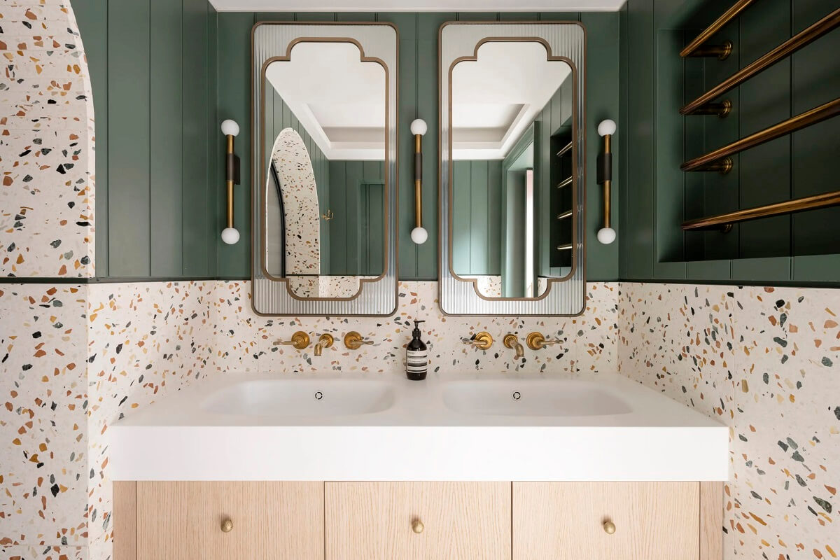 An Award-Winning Apartment with Color Accents in Notting Hill 15 double-sink-green-walls-terrazzo-tiles-nordroom