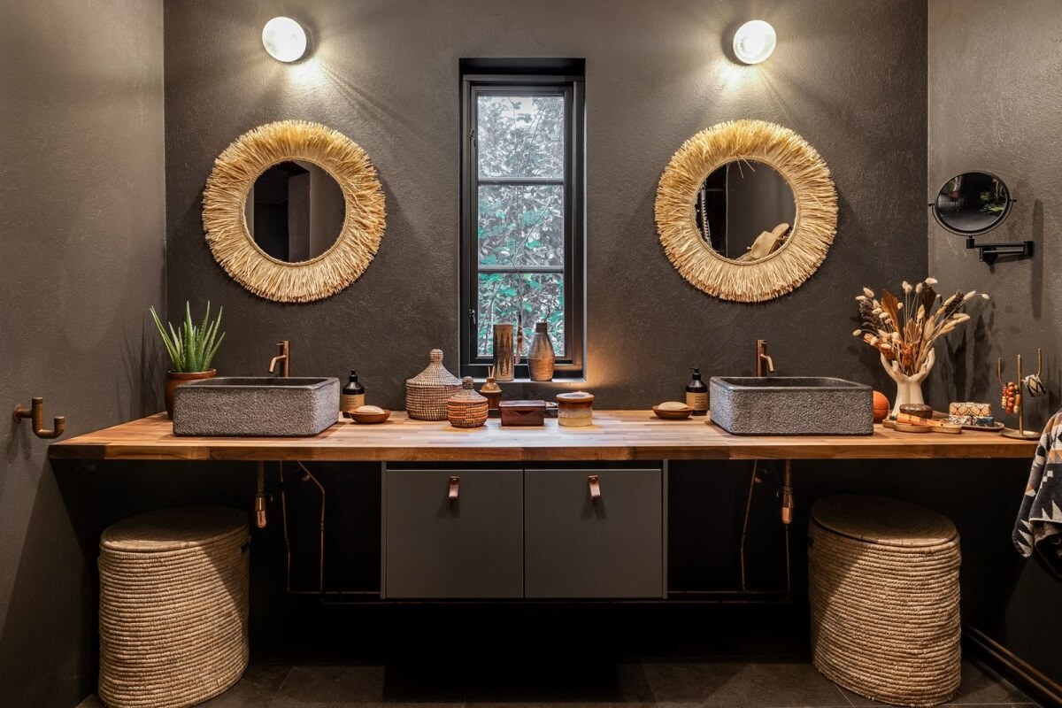 A Unique Bohemian Family Home in a Former Swedish Bakery 29 double-vanity-round-mirrors-black-bathroom-nordroom