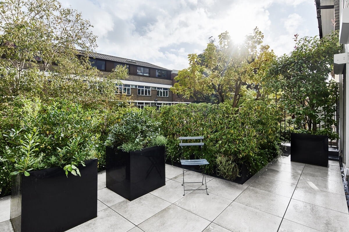Stylish Monochrome Interiors in an Early 20th Century House 21 first-floor-terrace-large-planters-nordroom