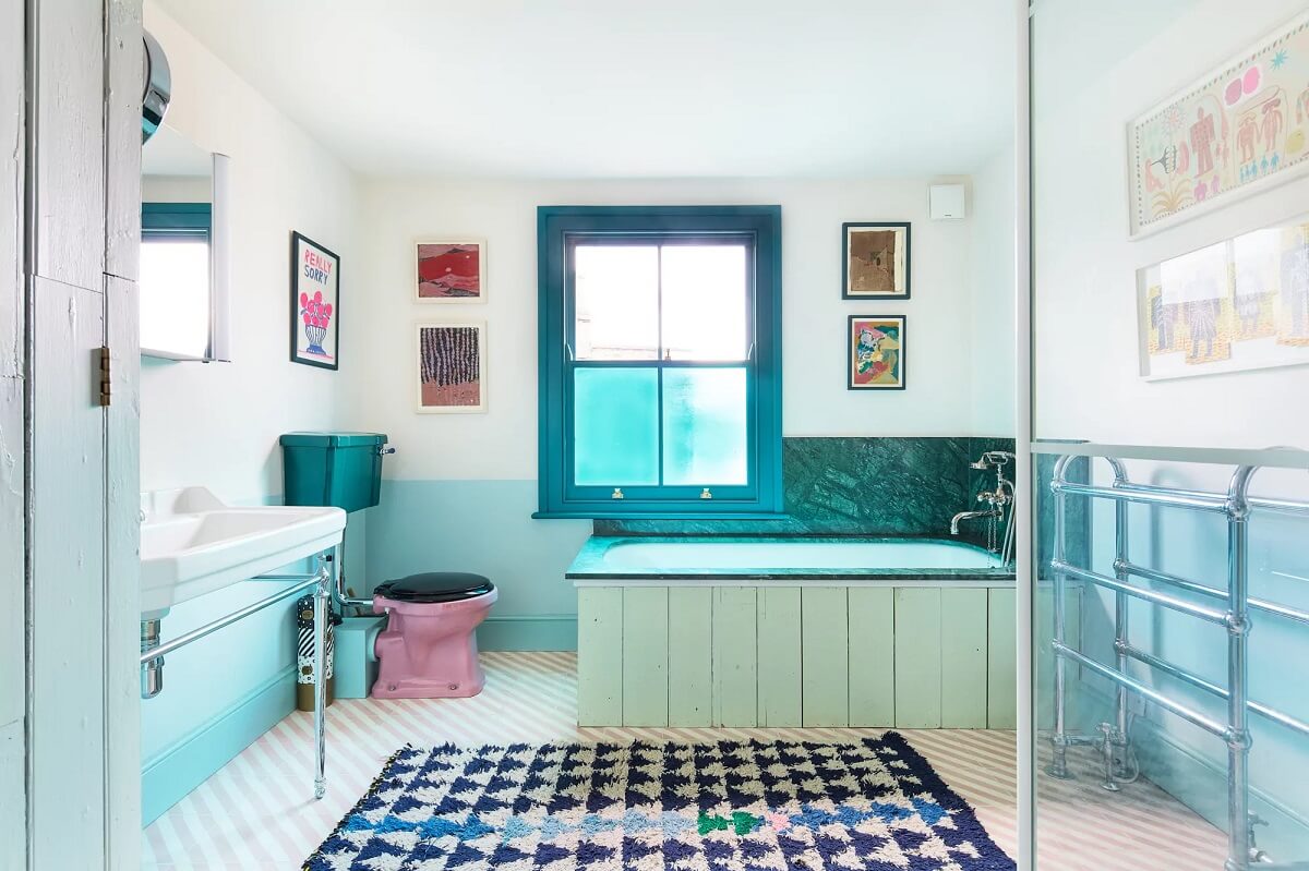 A Playful Colorful Eclectic Artist Home in London 25 green blue bathroom