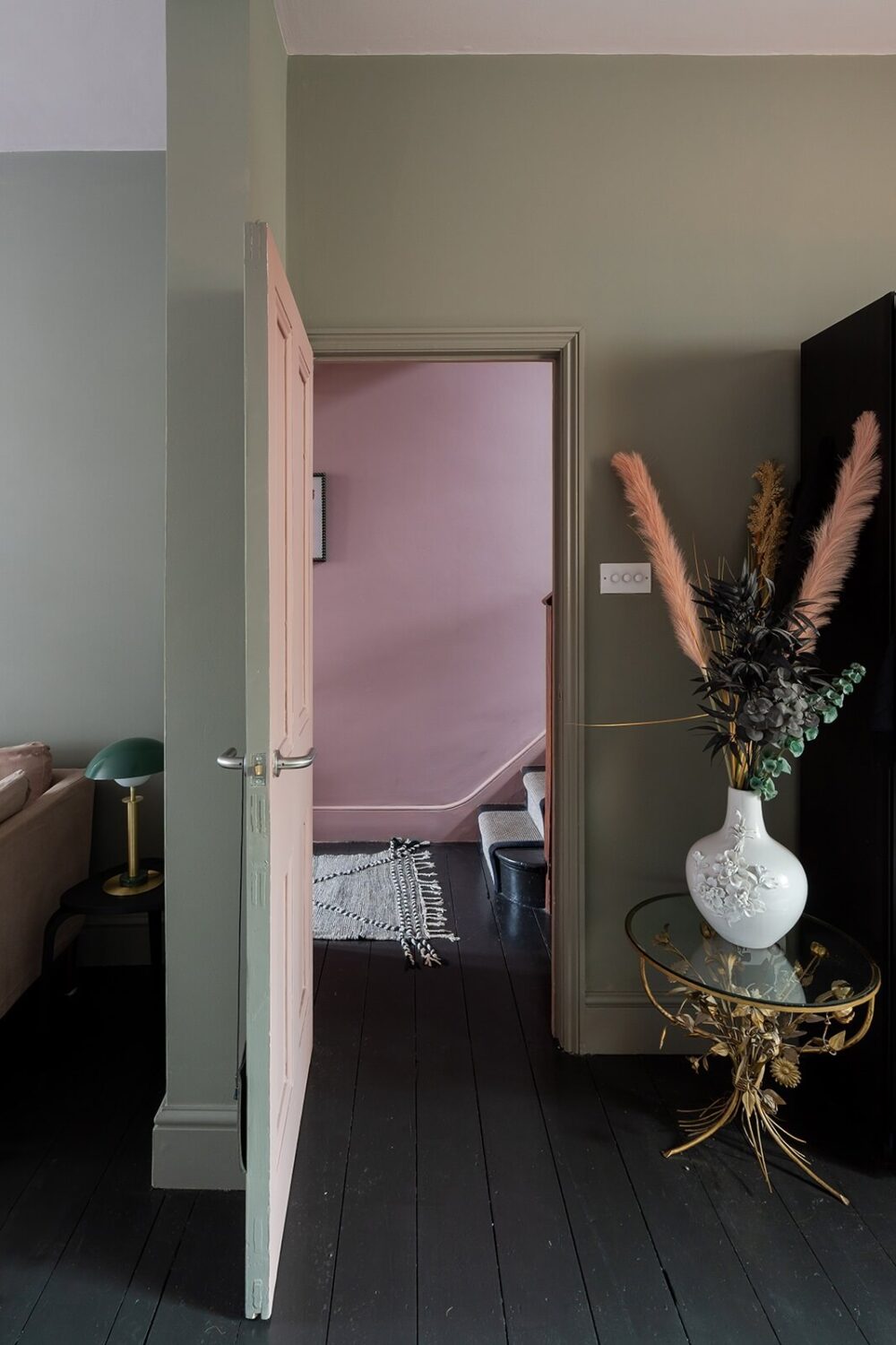 A Green and Pink London Townhouse with A Modern Extension 5 green-living-room-dark-gray-floor-pink-hallway-nordroom