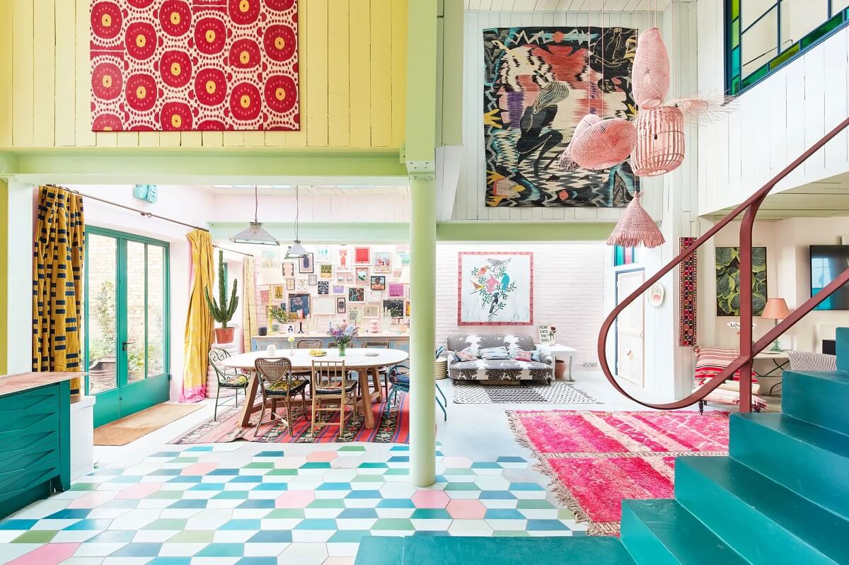 A Playful Colorful Eclectic Artist Home in London 8 green staircase colorful artist home london