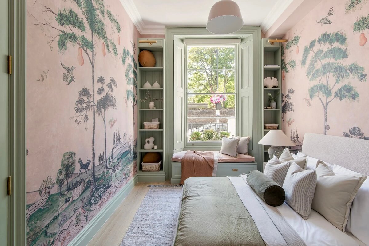 Muted Colors and Classic Design in a London Townhouse 19 kids-bedroom-pink-wallpaper-window-seat-nordroom