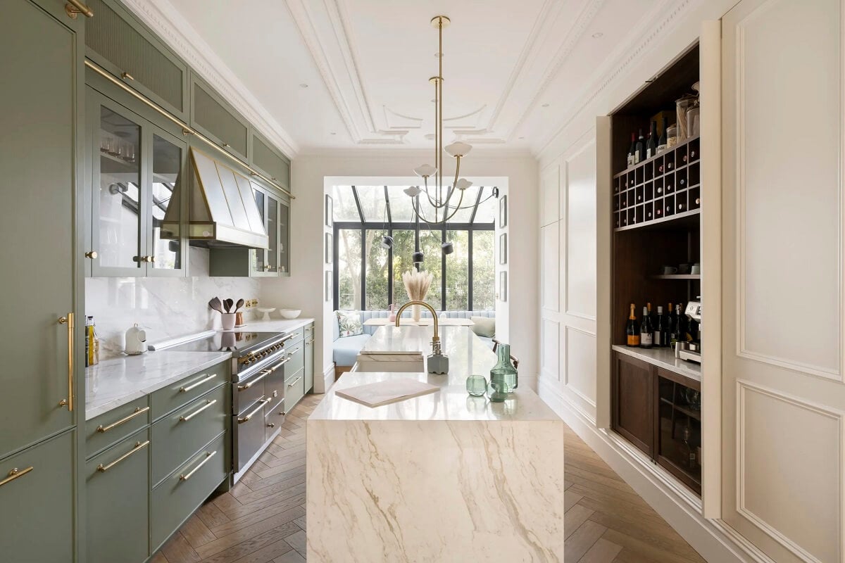 An Award-Winning Apartment with Color Accents in Notting Hill 7 kitchen-gray-cabinets-island-notting-hill-apartment-nordroom