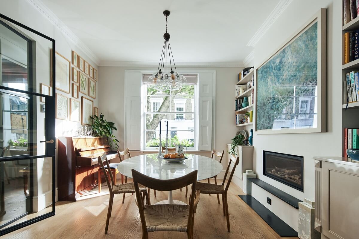 Blue Color Accents in a Restored London Townhouse 11 light-dining-room-fireplace