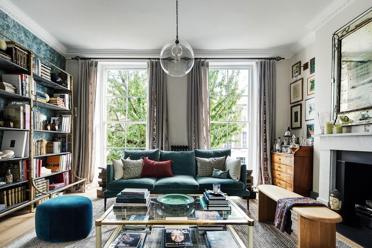 Blue Color Accents in a Restored London Townhouse 3 living-room-bookshelves-fireplace-blue-accents-nordroom