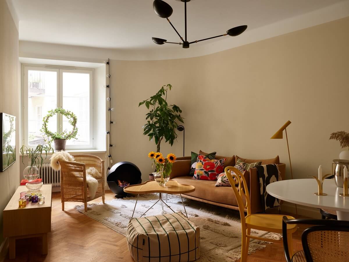 A Serene Light Colored Apartment with Bright Color Pops 6 living room color accents beige walls