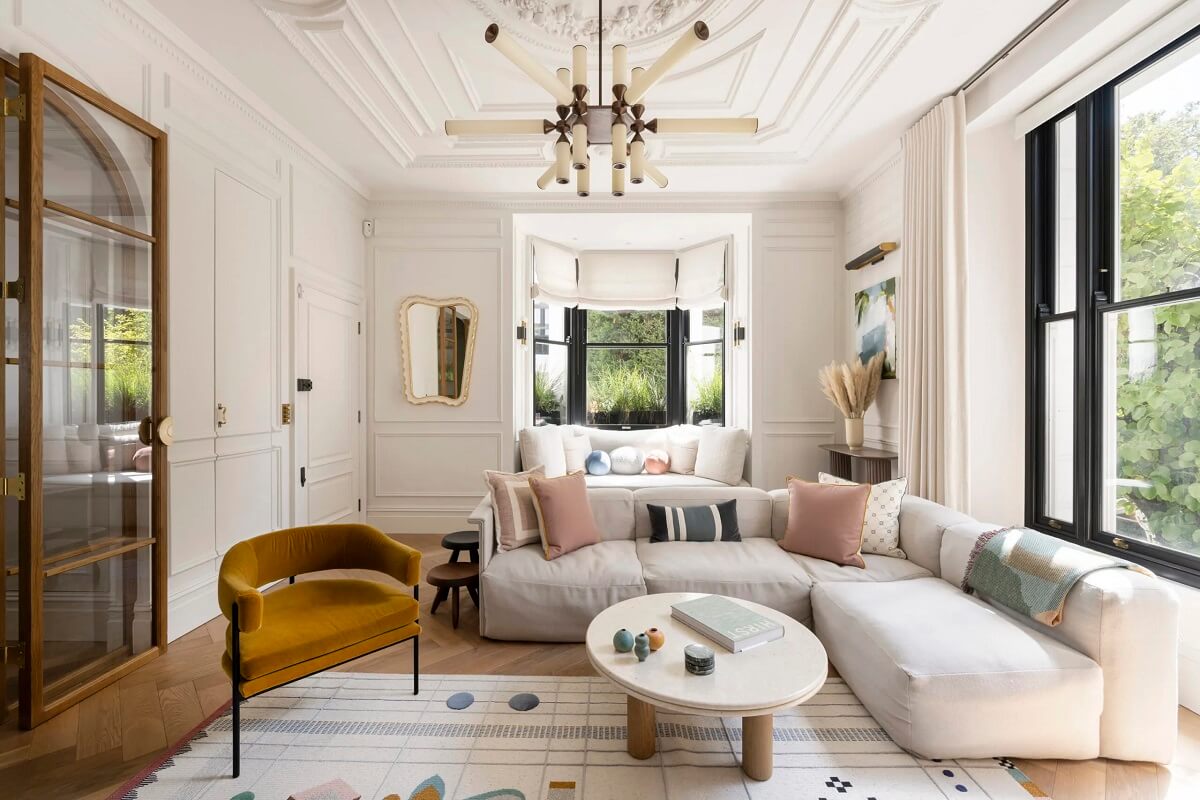 An Award-Winning Apartment with Color Accents in Notting Hill 3 living-room-corner-sofa-ochre-chair-nordroom