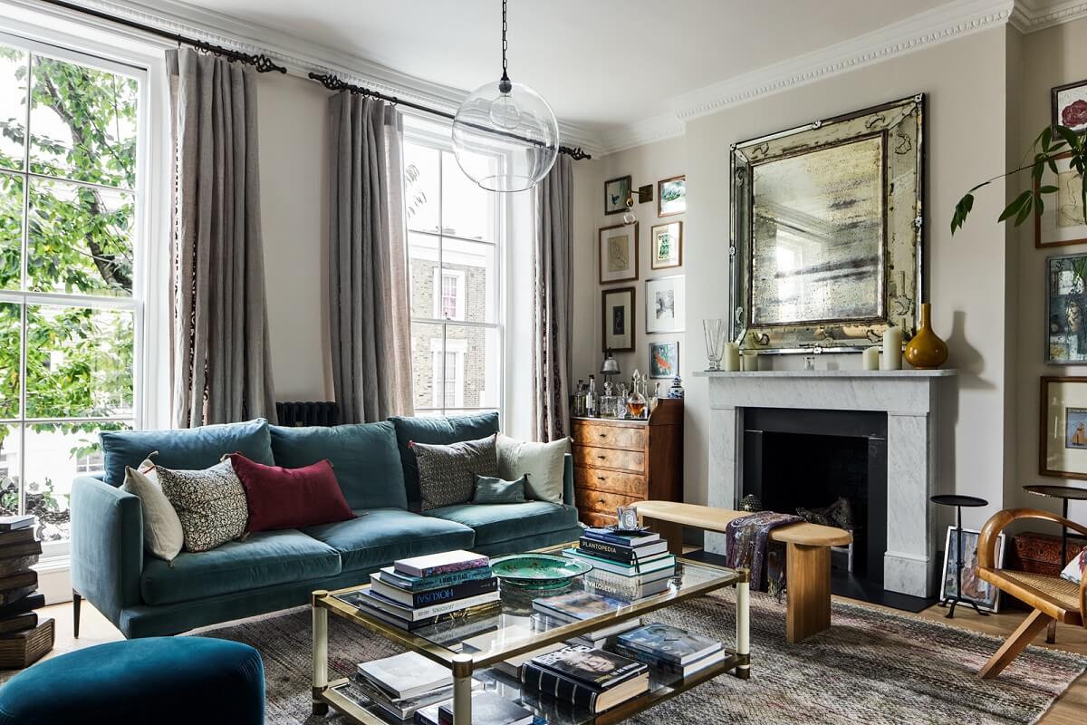 Blue Color Accents in a Restored London Townhouse 2 living-room-fireplace-blue-sofa-nordroom