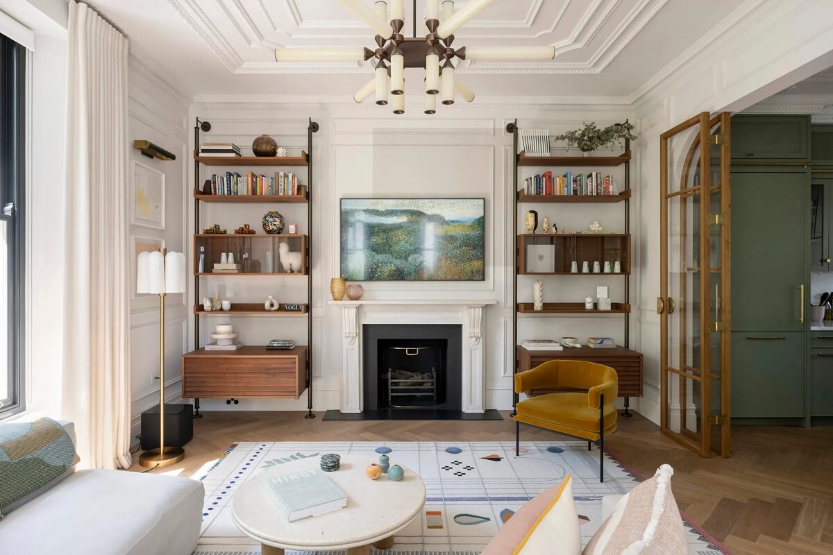An Award-Winning Apartment with Color Accents in Notting Hill 4 living-room-historic-features-fireplace-bookshelves-nordroom