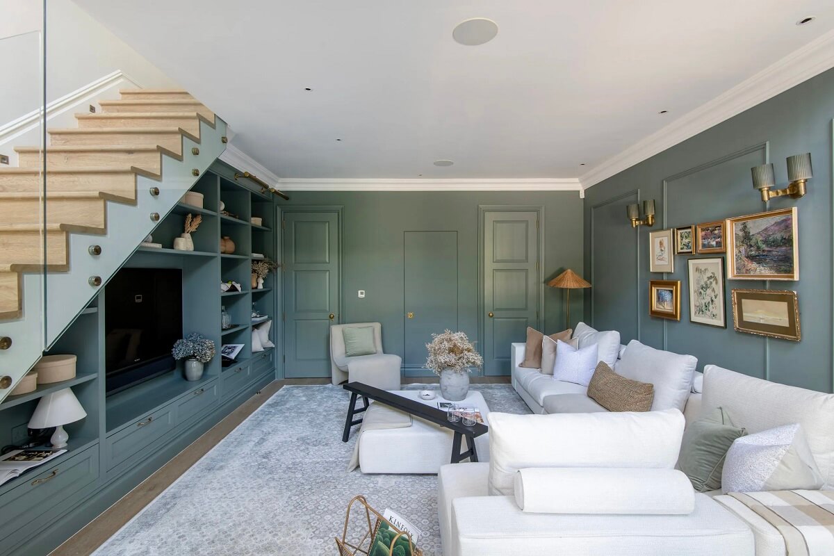 Muted Colors and Classic Design in a London Townhouse 5 living-room-muted-blue-walls-white-furnishings-nordroom