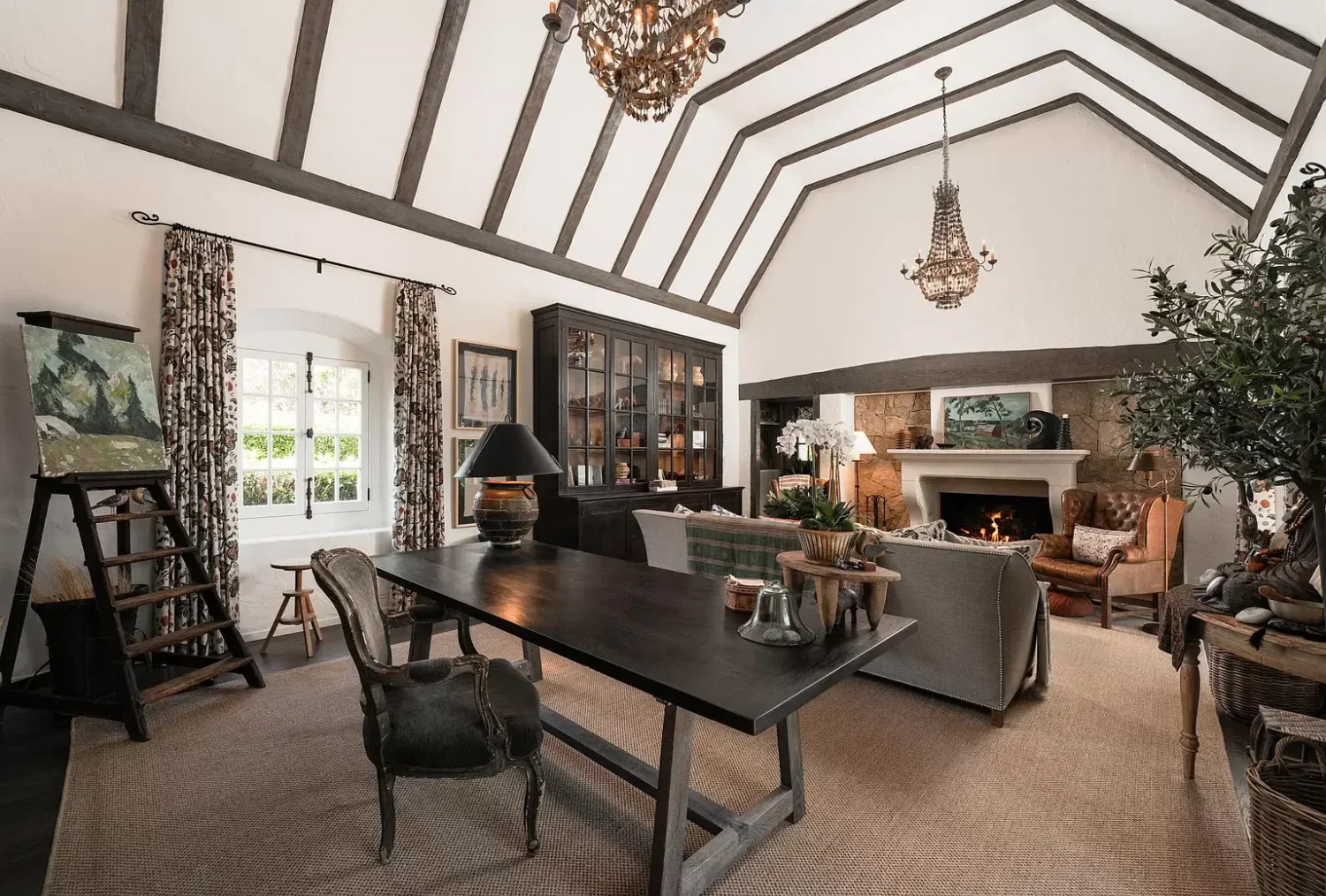 A Cozy Montecito Home Once Owned by Larry David 3 living-room-pitched-ceiling-exposed-beams-nordroom