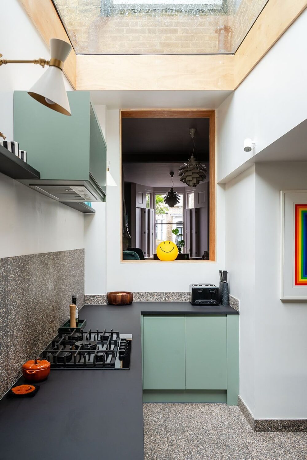 A Green and Pink London Townhouse with A Modern Extension 10 modern-green-kitchen-skylight-nordroom