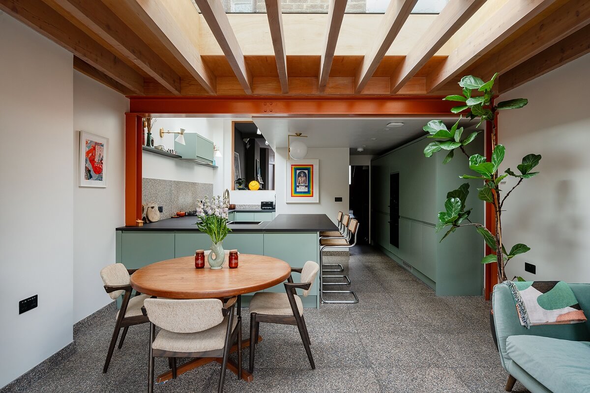 A Green and Pink London Townhouse with A Modern Extension 7 modern-kitchen-extension-wooden-beams-nordroom