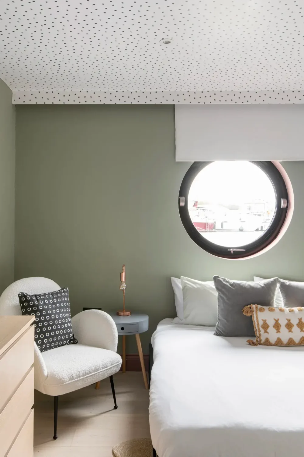 A Spacious and Stylish Houseboat in London 14 sage green bedroom houseboat