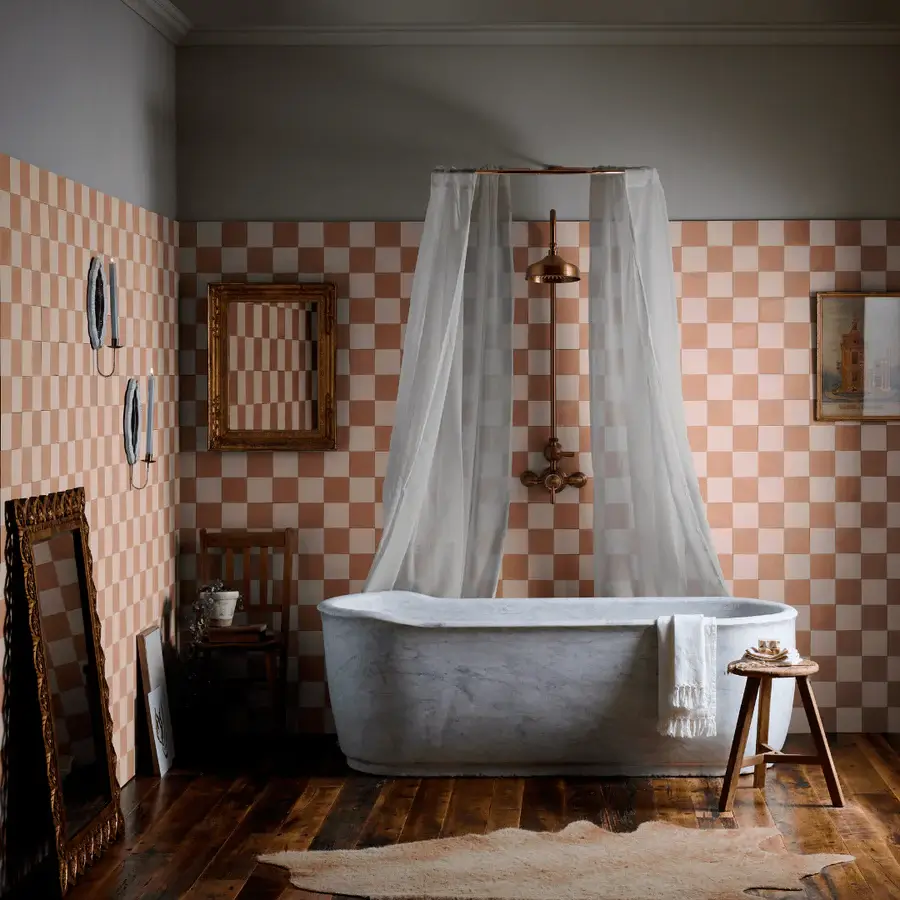 Pantone Color of the Year 2024 Home Decor Inspiration 36 bathroom-freestanding-bath-checkerboard-tiles-nordroom