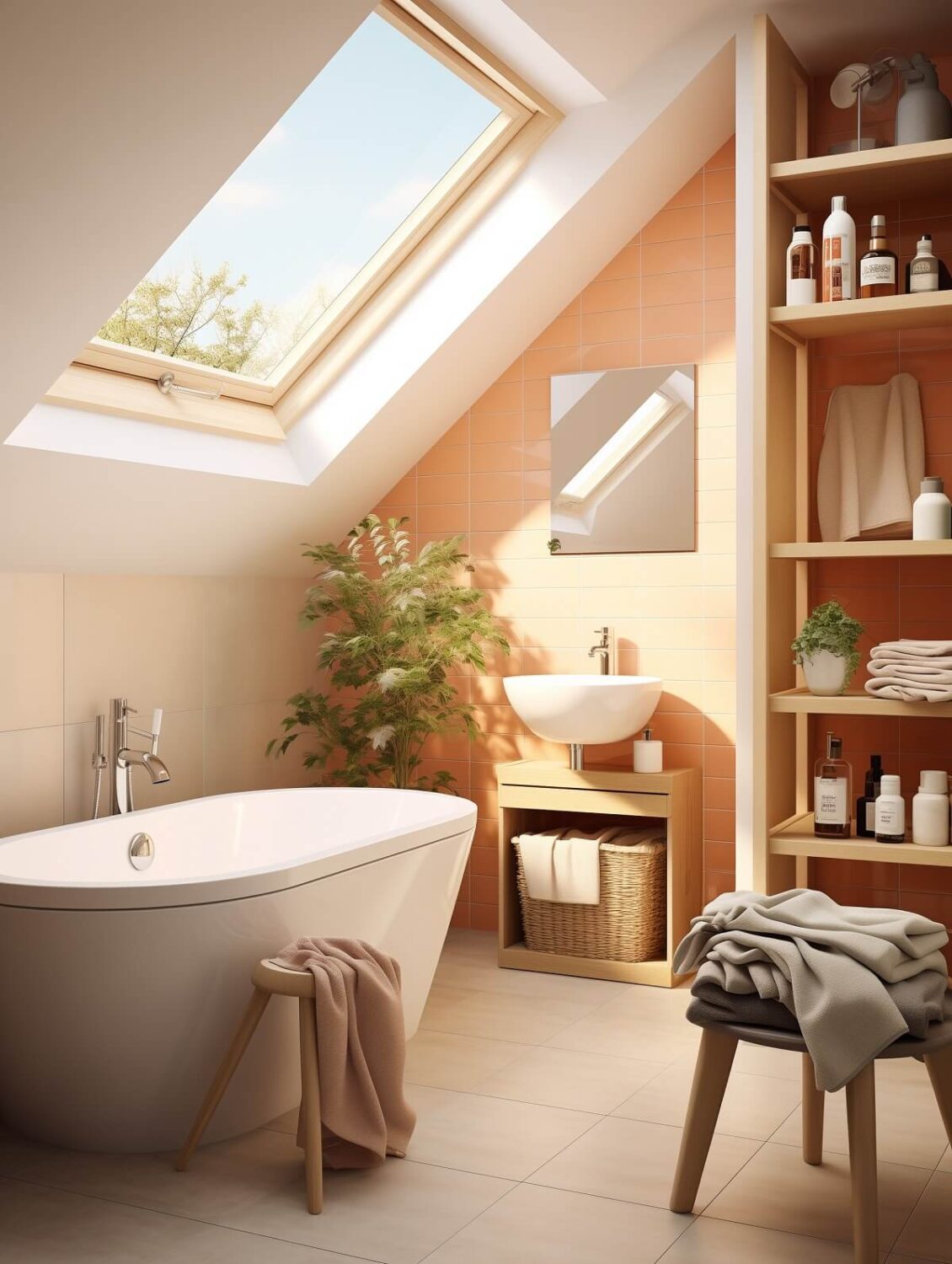 Pantone Color of the Year 2024 Home Decor Inspiration 9 batroom slanted ceiling peach tiles freestanding bath nordroom
