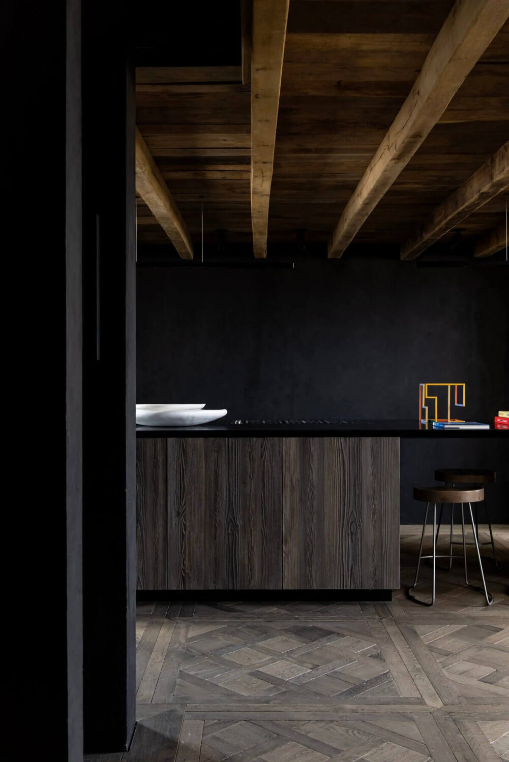 Modern Rustic Interiors in a Notting Hill Penthouse 11 black-walls-kitchen-wooden-ceiling