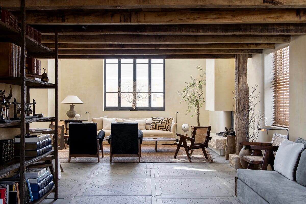 Modern Rustic Interiors in a Notting Hill Penthouse 4 cozy-sitting-nook-wooden-ceiling-beams-nordroom