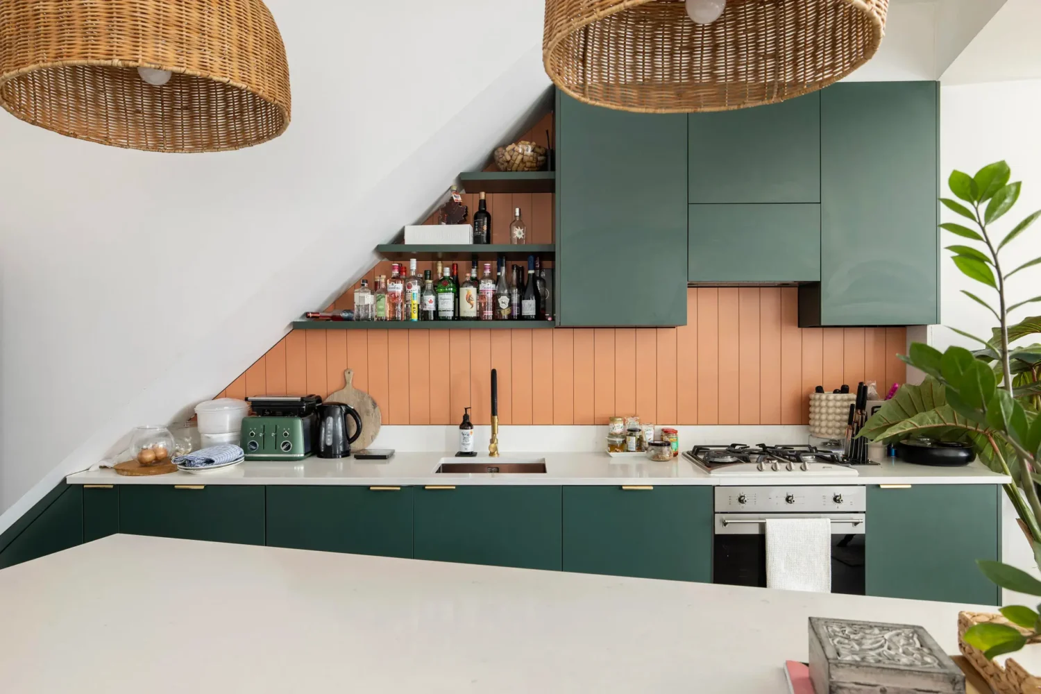 A London Maisonette with Color Pops 5 green kitchen cabinets terracotta tiles