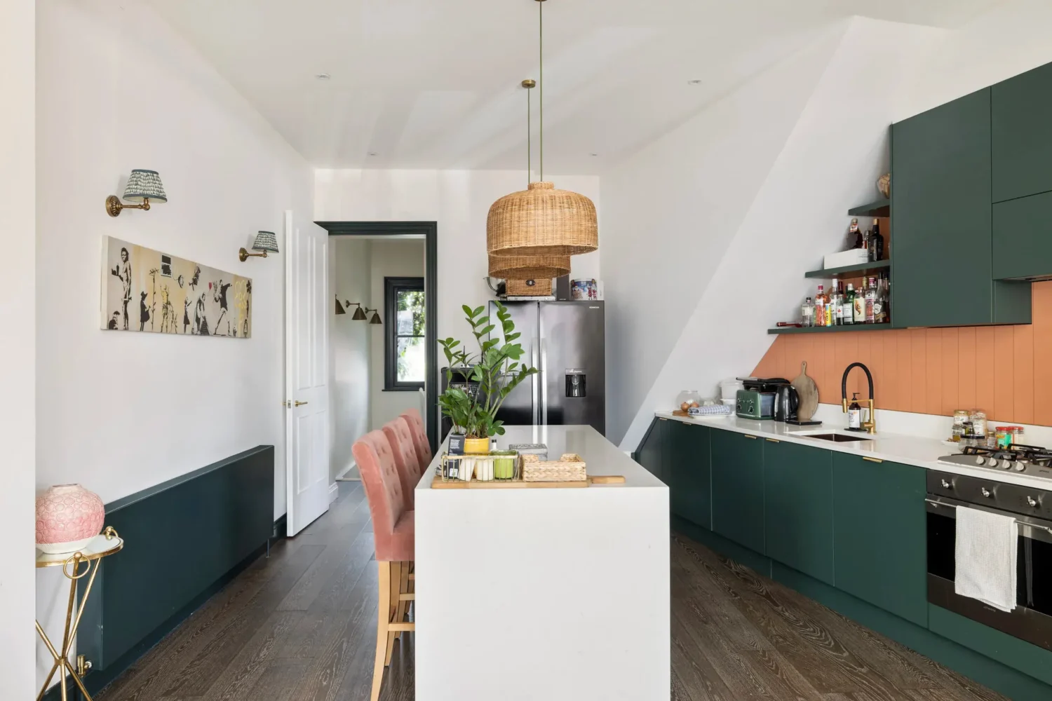 A London Maisonette with Color Pops 4 green kitchen with island terracotta tiles