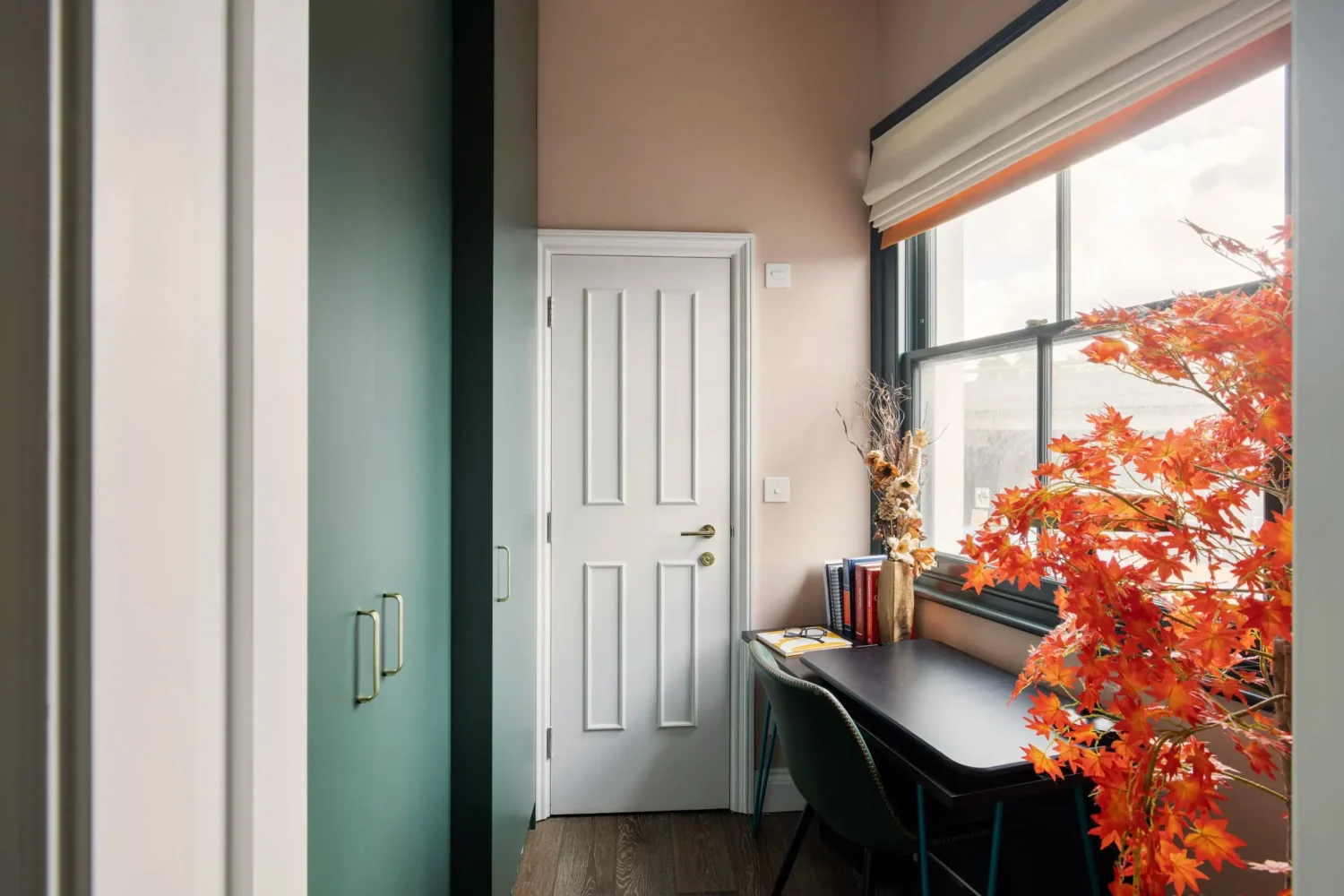 A London Maisonette with Color Pops 6 home office green built in closets