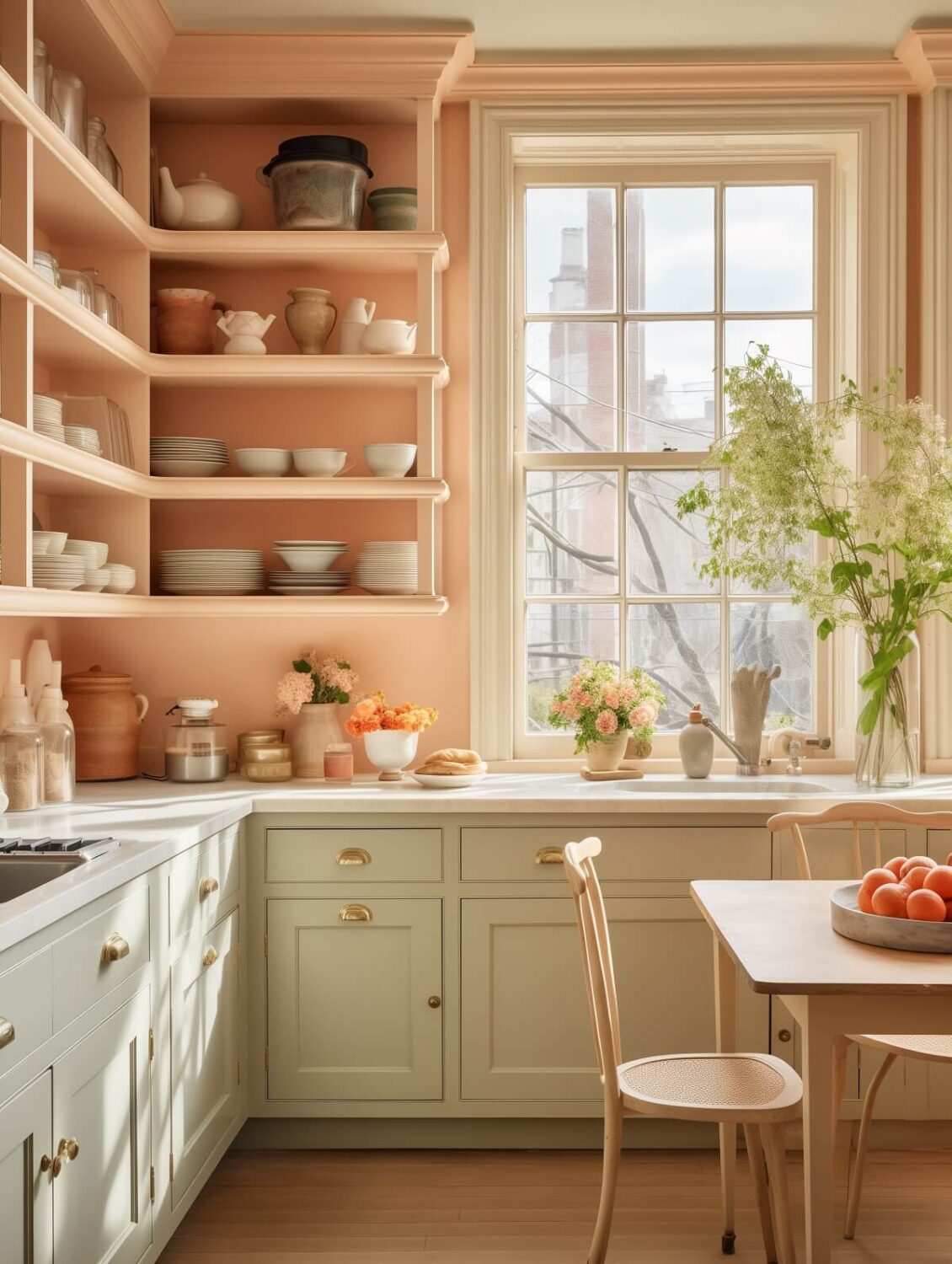 Pantone Color of the Year 2024 Home Decor Inspiration 35 kitchen with peach walls and open cabinets nordroom