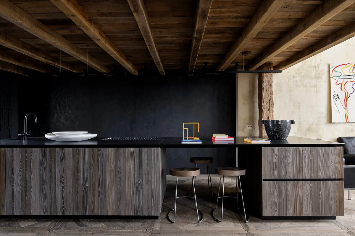 Modern Rustic Interiors in a Notting Hill Penthouse 10 large-kitchen-island-with-seating-wooden-ceiling